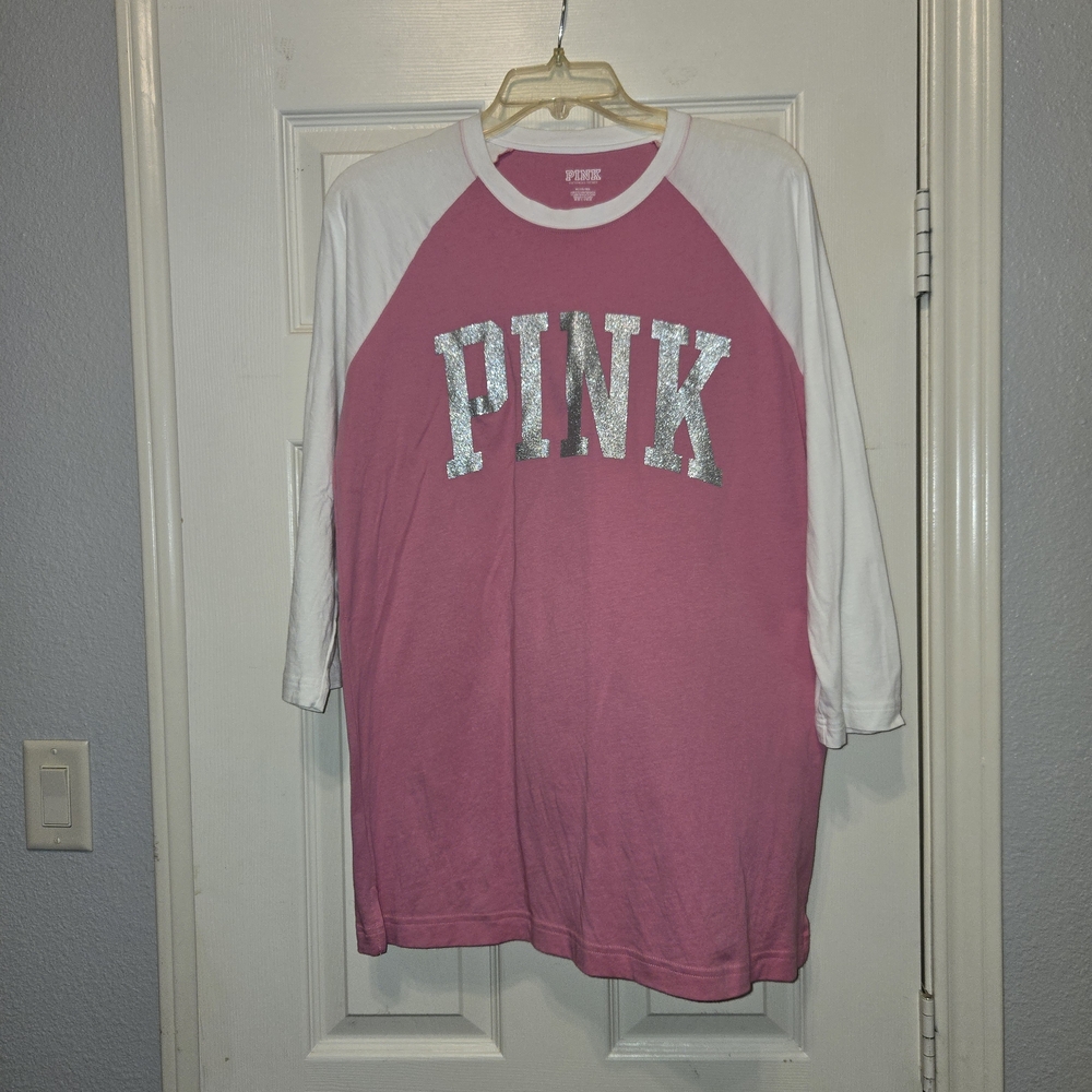PINK Victoria's Secret Pink Raglan Tee with Silver Glitter Logo